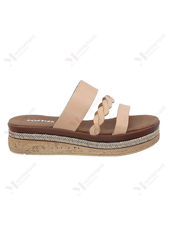 Softies Leather Women's Flat Sandals Anatomic Flatforms in Beige Color