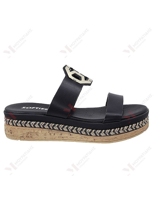 Softies Leather Women's Flat Sandals Anatomic Flatforms in Black Color