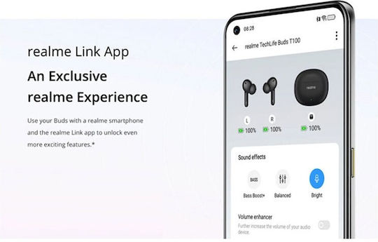 Realme Buds T100 Bluetooth Handsfree Ακουστικά με Αντοχή στον Ιδρώτα και Θήκη Φόρτισης Μπλε