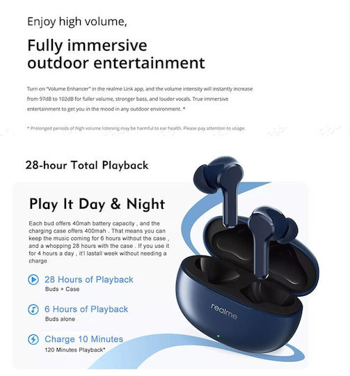 Realme Buds T100 Bluetooth Handsfree Ακουστικά με Αντοχή στον Ιδρώτα και Θήκη Φόρτισης Μπλε