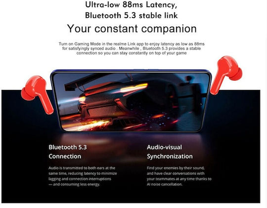 Realme Buds T100 Bluetooth Handsfree Ακουστικά με Αντοχή στον Ιδρώτα και Θήκη Φόρτισης Μπλε