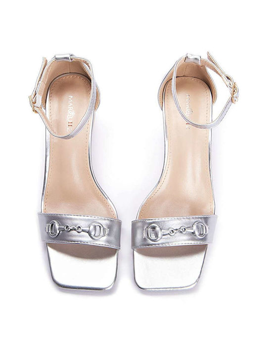 Keep Fred Synthetic Leather Women's Sandals with Ankle Strap Silver with Chunky Medium Heel