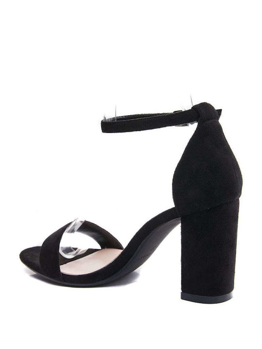 Keep Fred Suede Women's Sandals with Ankle Strap Black with Chunky High Heel