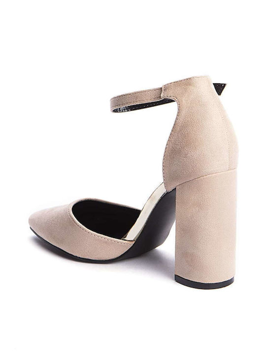 Keep Fred Suede Pointed Toe Beige High Heels with Strap