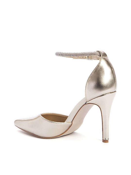 Keep Fred Synthetic Leather Pointed Toe Stiletto Gold High Heels with Strap