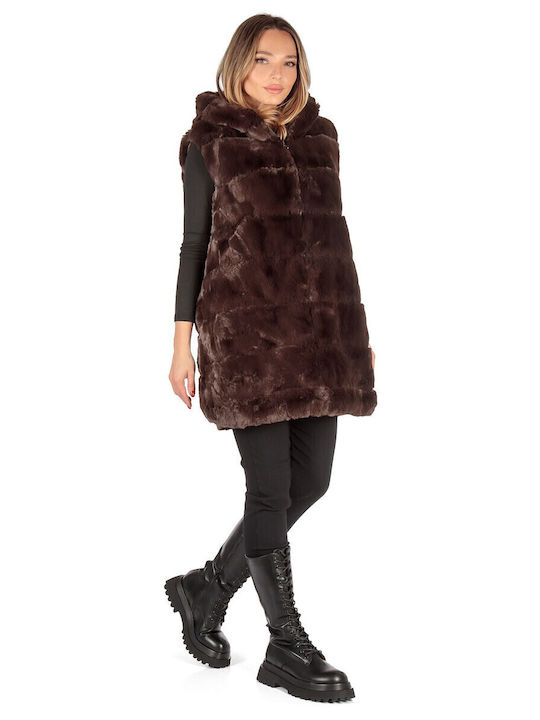 Women's Sleeveless Long Fur Brown