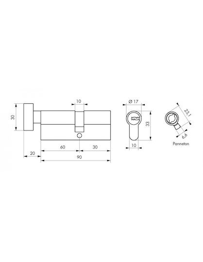 Thirard Lock Cylinder 90mm (30-60) with Knob and 5 Keys Gold