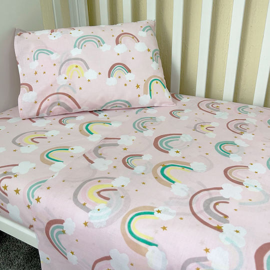 Bunny Bebe Комплект Бебешки Чаршафи За Количка Памучни с ластик Rainbow Розов 70x140бр 3бр