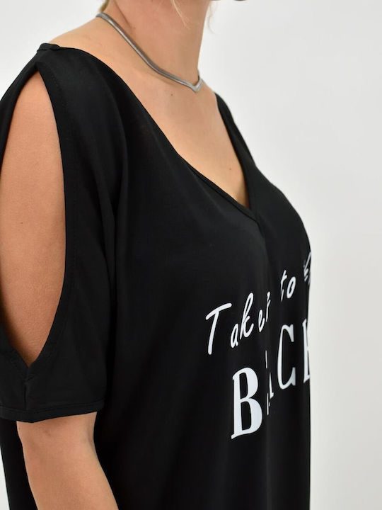 Damen Sommer Bluse Schulterfrei Kurzärmelig mit V-Ausschnitt Schwarz