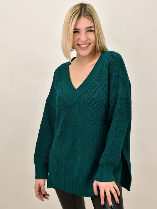 Potre Damen Langarm Pullover mit V-Ausschnitt Blau