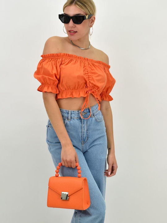 Potre Damen Sommer Crop Top Schulterfrei Kurzarm Orange