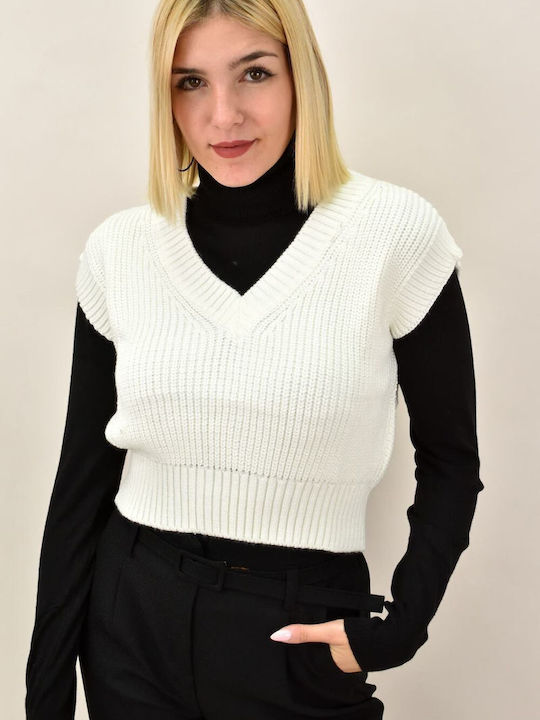 Potre Damen Ärmellos Crop Pullover mit V-Ausschnitt Beige