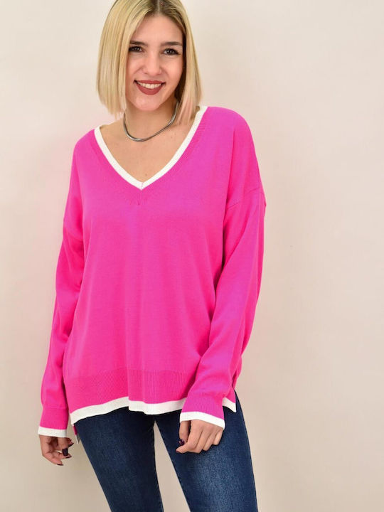 Potre Damen Langarm Pullover mit V-Ausschnitt Fuchsie