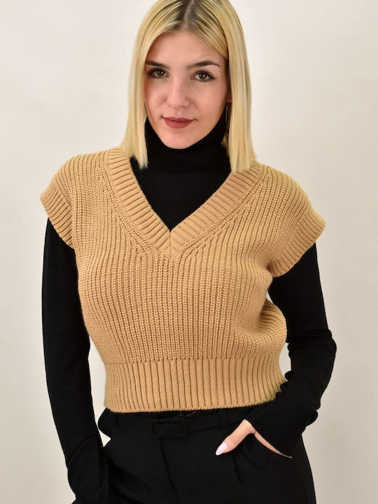 Potre Women's Sleeveless Crop Sweater with V Neckline Beige