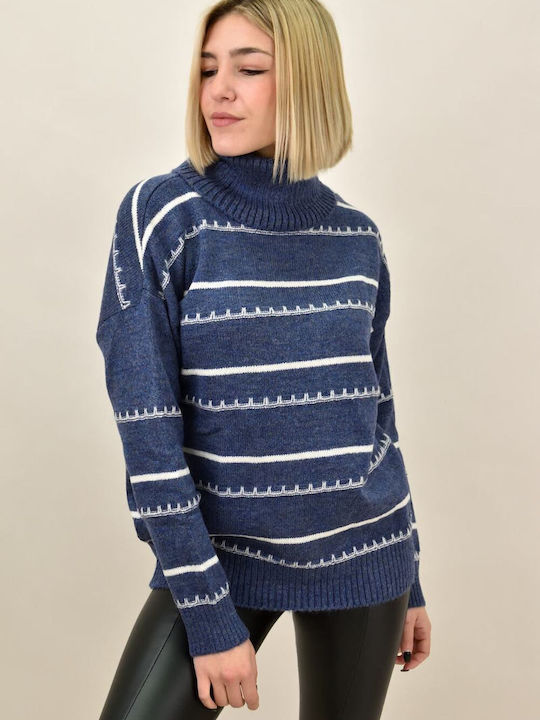 Potre Women's Long Sleeve Sweater Turtleneck Striped Blue