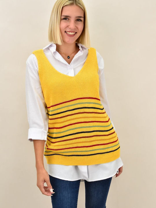 Potre Women's Sleeveless Sweater Striped Yellow