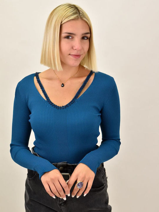 Potre Women's Blouse Long Sleeve with V Neckline Blue