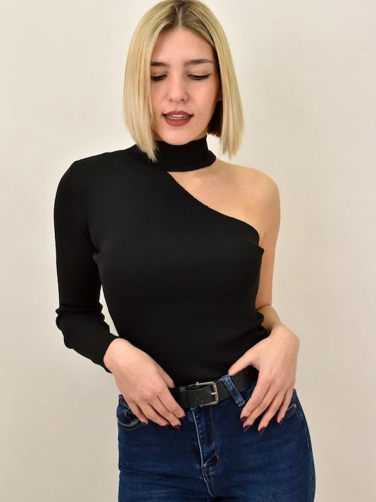 Potre Damen Bluse mit einem Schulter Schwarz