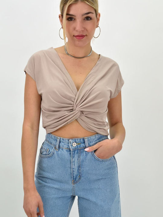 Women's Summer Crop Top Short Sleeve with V Neckline Beige