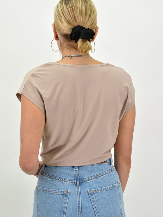 Women's Summer Crop Top Short Sleeve with V Neckline Beige