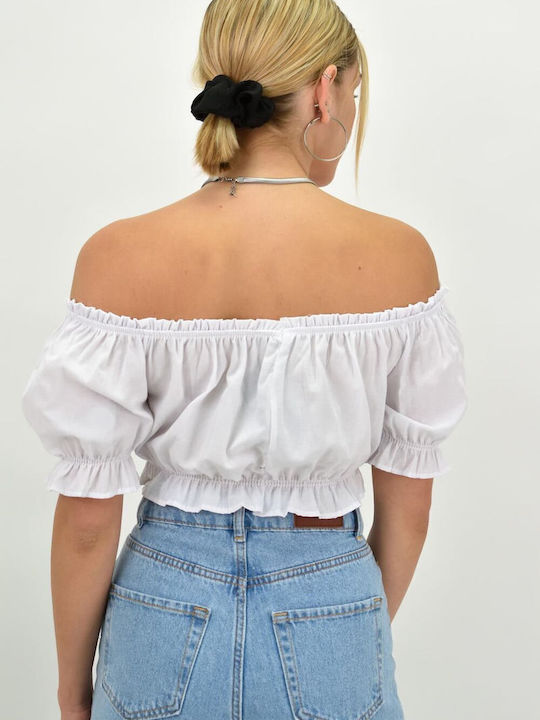 Potre Damen Sommerliches Crop Top Schulterfrei Kurzärmelig Weiß