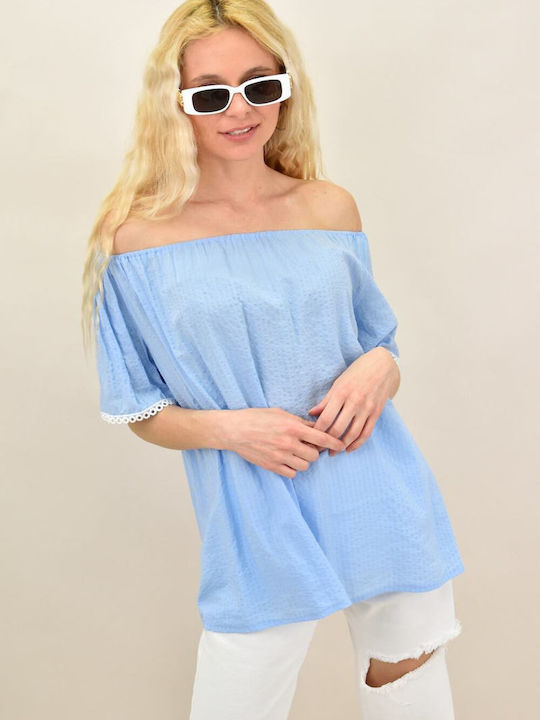 Potre Women's Summer Blouse Cotton Off-Shoulder with 3/4 Sleeve Light Blue