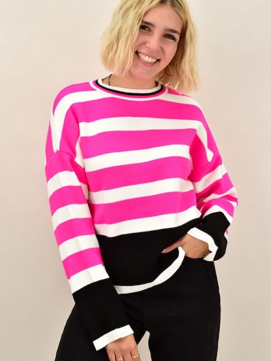 Potre Women's Long Sleeve Sweater Woolen Striped Fuchsia