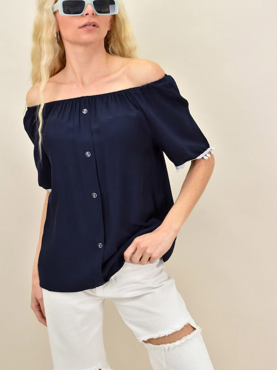 Potre Women's Summer Blouse Off-Shoulder with 3/4 Sleeve Navy Blue