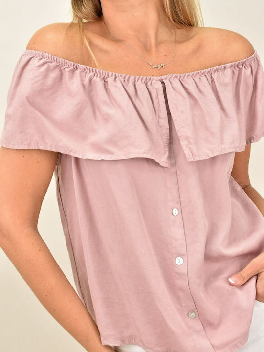 Potre Κοντομάνικη Γυναικεία Μπλούζα Off-Shoulder Καλοκαιρινή Ροζ