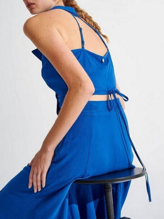 Ale - The Non Usual Casual Damen Sommerliche Bluse Leinen Ärmellos mit V-Ausschnitt Blau