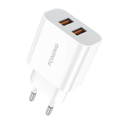 Foneng Încărcător cu 2 Porturi USB-A și Cablu micro USB Albς (EU45)