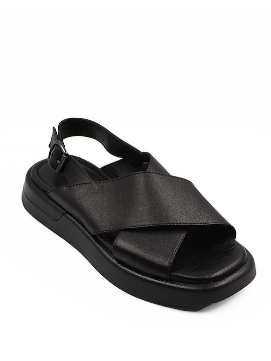 Δερμάτινα Γυναικεία Σανδάλια Flatforms Μαύρα