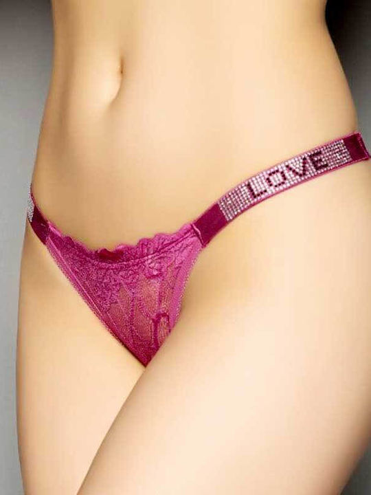 Women's Sexy Lace Thong Bottom "Love" Strass - Purple