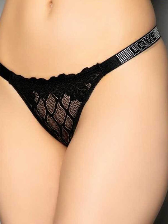 Women's Sexy Lace "Love" Strass Thong Bottom - Black