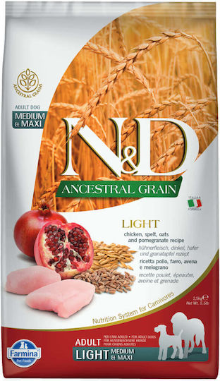 Farmina N&D Ancestral Grain Light Medium & Maxi 2.5kg Dry Food Diet, with Few Grains for Adult Neutered Medium & Large Breed Dogs with Chicken and Pomegranate