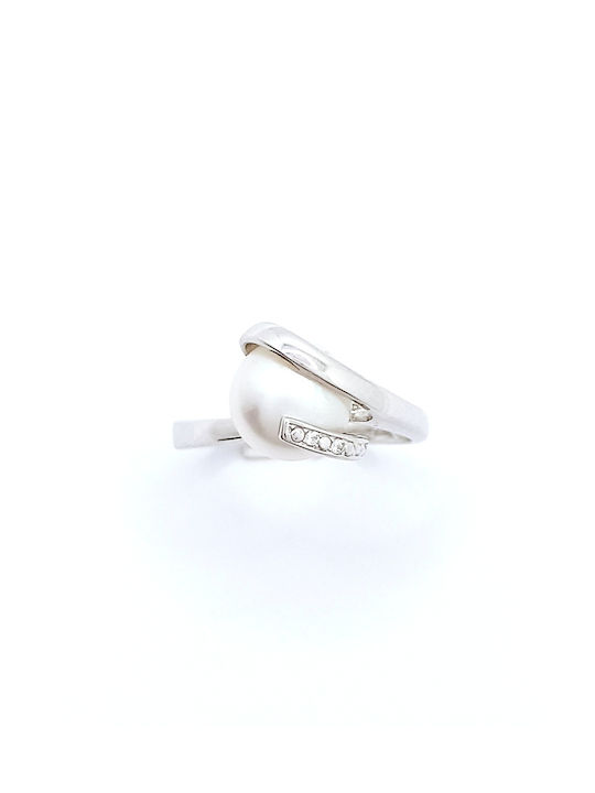 PS Silver Women's White Gold Ring with Pearl 14K