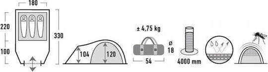 High Peak Talos 3 Dark Grey Χειμερινή Σκηνή Camping Igloo Ορειβασίας Γκρι με Διπλό Πανί για 3 Άτομα Αδιάβροχη 4000mm 330x180x120εκ.