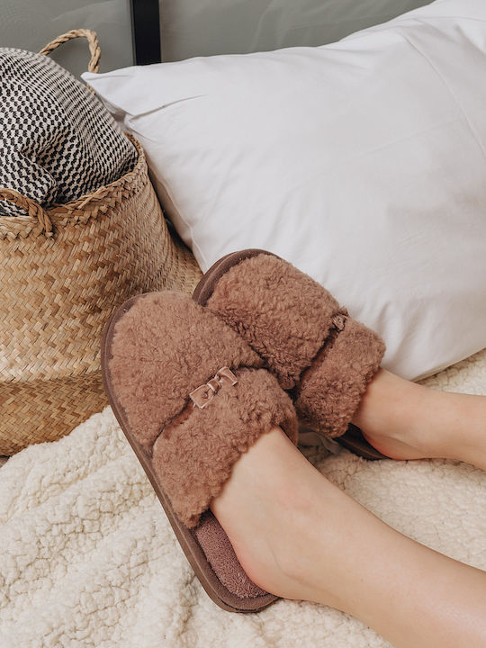 Ligglo Winter Women's Slippers with fur in Brown color