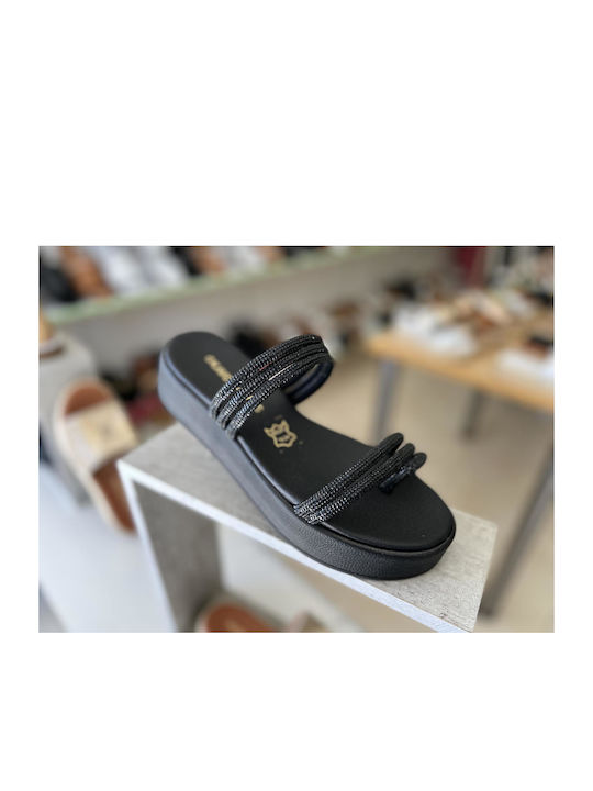 Gkavogiannis Sandals Leather Women's Flat Sandals Flatforms in Black Color