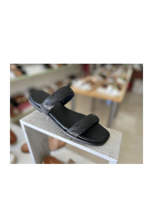 Gkavogiannis Sandals Leder Damen Flache Sandalen in Schwarz Farbe