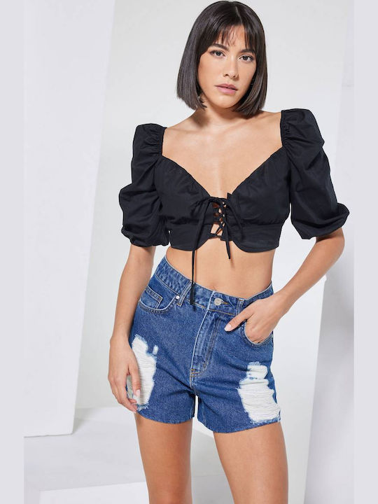 Γυναικείο Crop Top με Μανίκι 3/4 Καλοκαιρινό Μαύρο