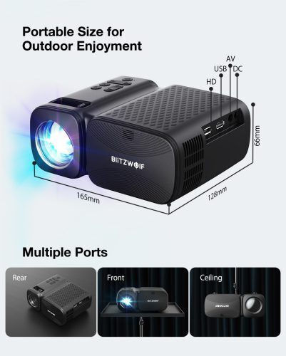 BlitzWolf BW-V3 Мини Проектор LCD HD LED лампа с Wi-Fi и вградени високоговорители Черен