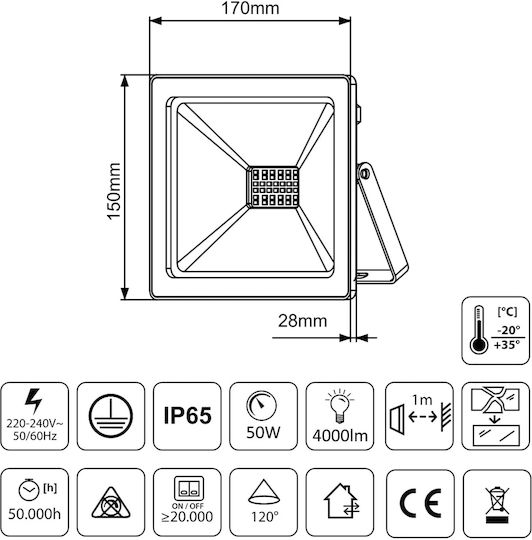 Maclean Energy Αδιάβροχος LED Προβολέας 50W Неутрално бяло 4000К IP65