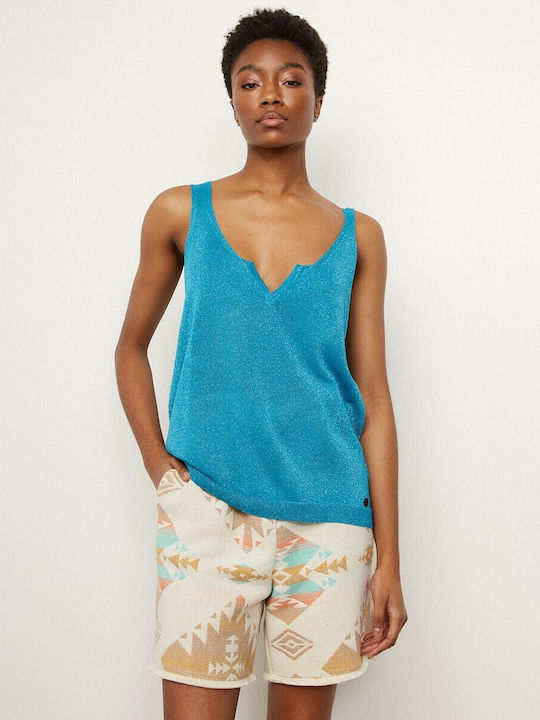 Women's Summer Blouse Sleeveless with V Neckline Light Blue