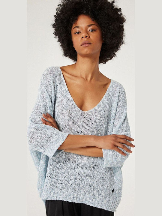 Women's Blouse with 3/4 Sleeve & V Neckline Light Blue