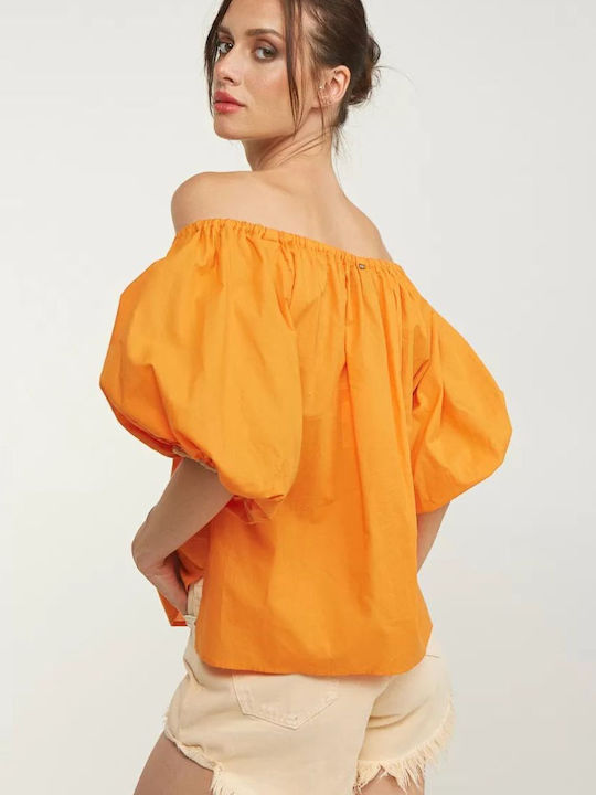 BSB Damen Sommer Bluse Baumwolle Schulterfrei Kurzärmelig Orange