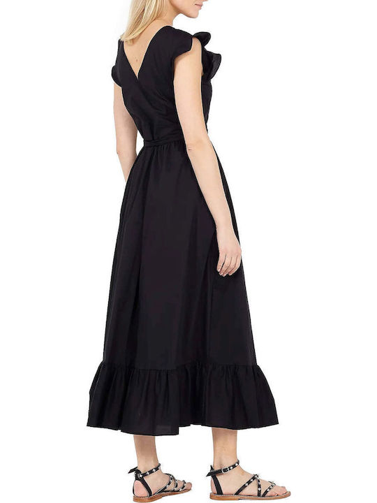 Summer Midi Wrap Dress with Ruffles Black
