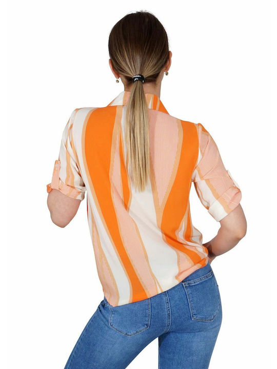 G Secret Damen Bluse mit 3/4 Ärmel & V-Ausschnitt Gestreift Orange