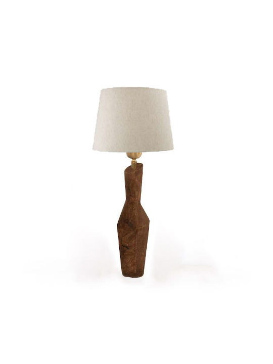Inart Wood Vintage Table Lamp with Beige Shade and Brown Base