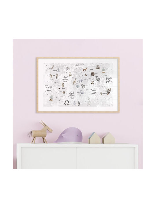 Walls Kids Wall Art Gray Map Animals with White Frame from Wood 20x15cm